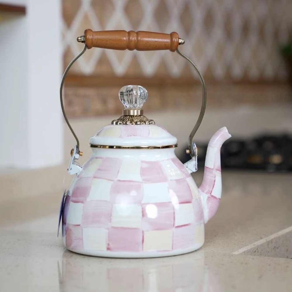 Pink Check Ceramic Teapot with Wooden Handle